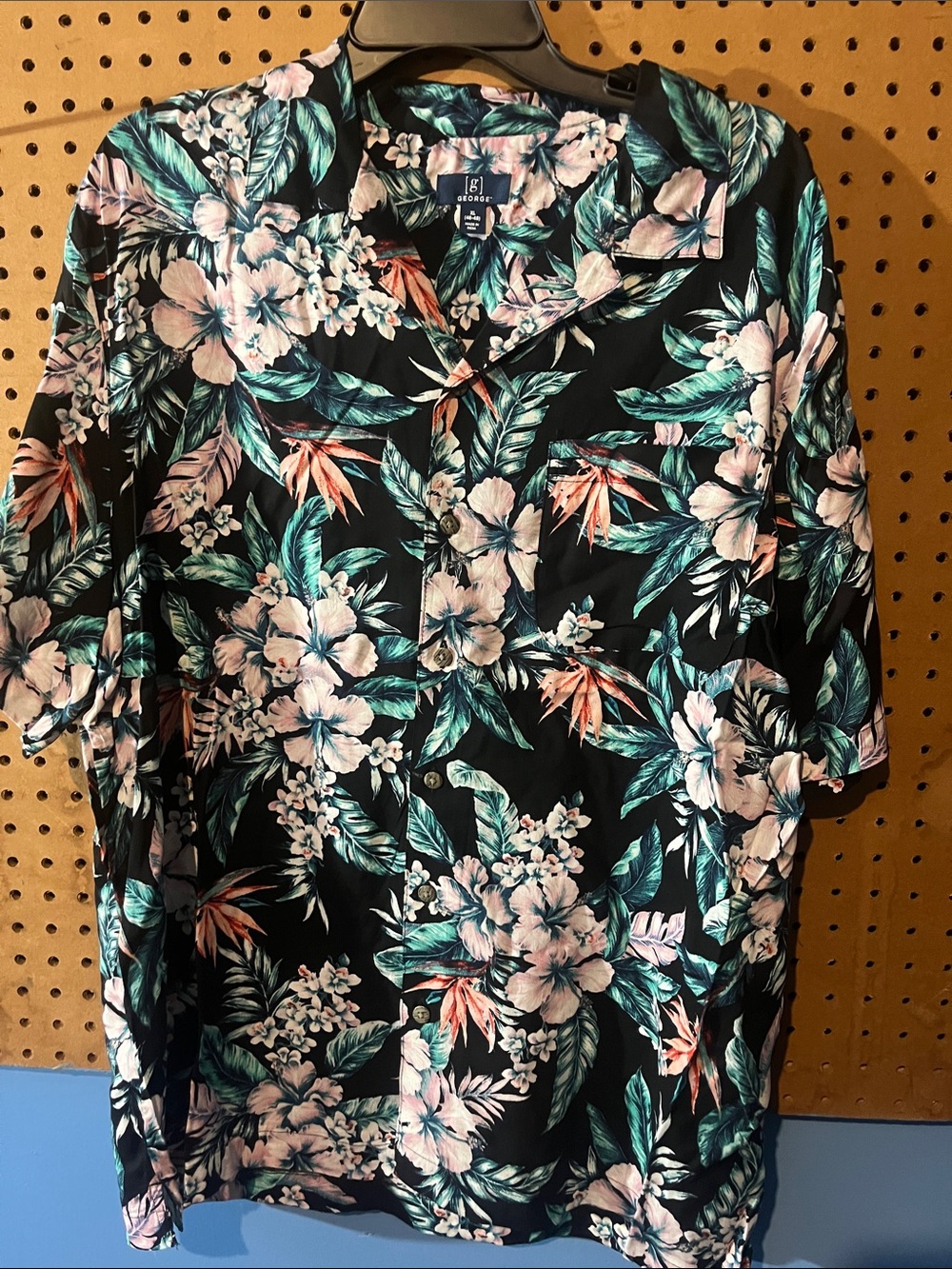 2 pieces  George Black Floral Hawaiian Shirt with Pink & Teal Leaves